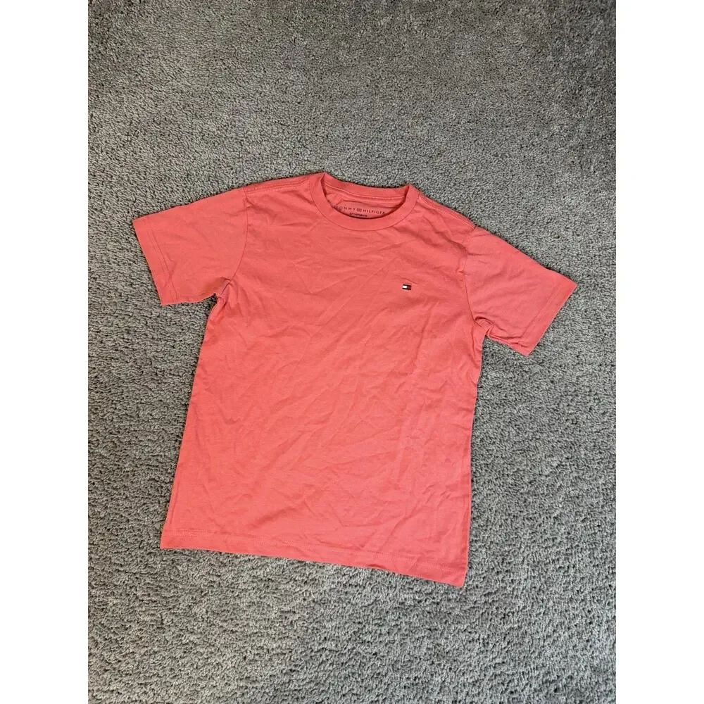 Tommy Hilfiger Shirt Boys Small Pink Short Sleeve Crewneck Tagless Cotton Logo